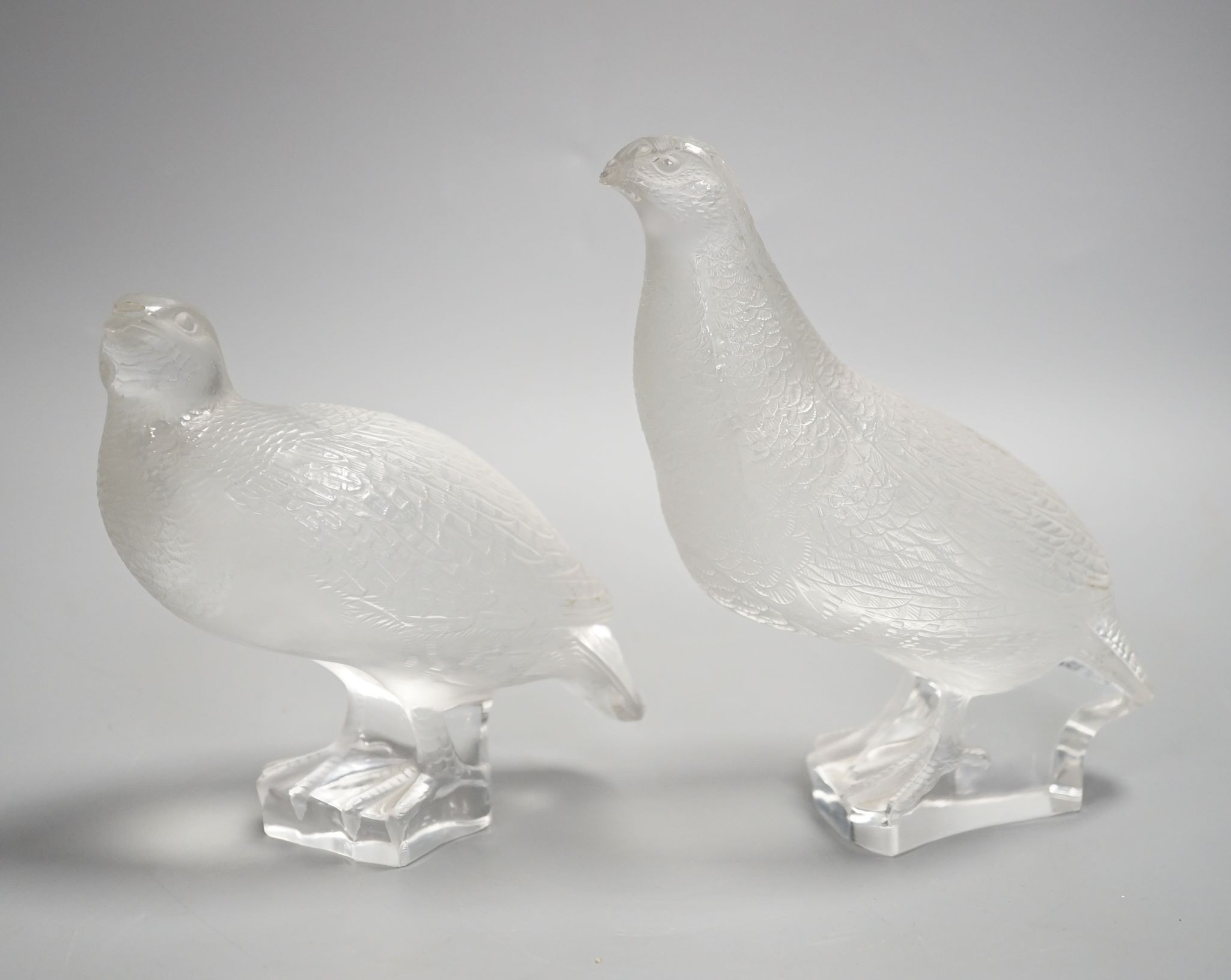 A pair Lalique glass partridges, Tallest 17 cms high.